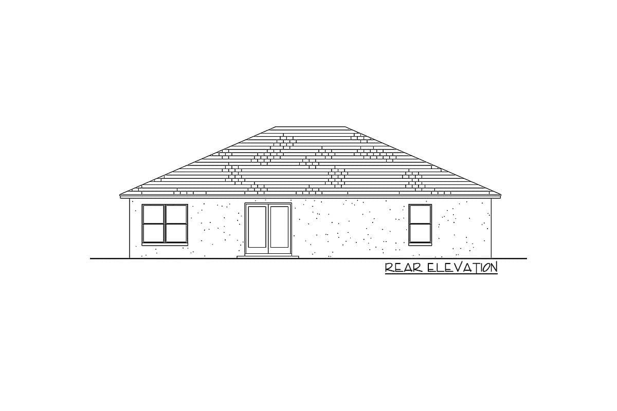 Rear elevation drawing of a single-story house plan with a hipped roof, central double doors, and two windows.