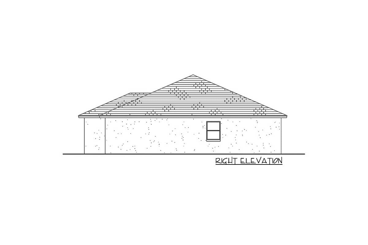 Right elevation drawing of a single-story house with a hip roof and one window.