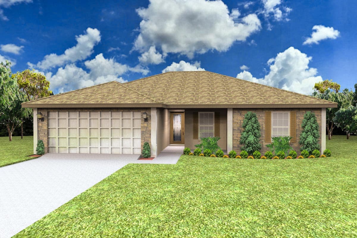 House plan exterior of a single-story home with a gabled roof, stone accents, and a two-car garage.