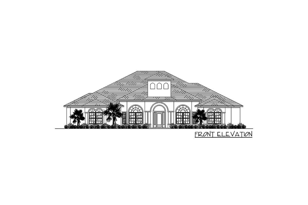 Front elevation drawing of a single-story house with a tiled hip roof, arched windows, central entry, and dormer.