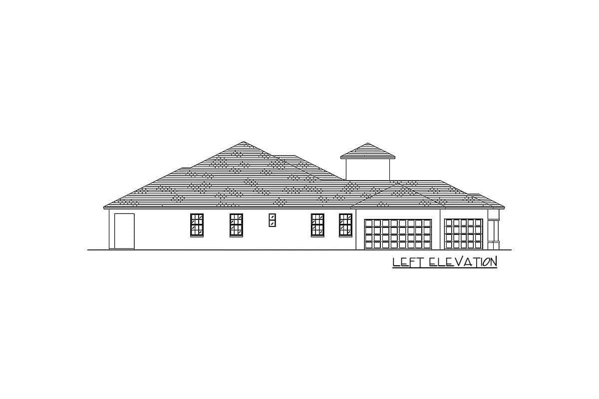 Left elevation house plan drawing showing a single-story structure with a gabled roof, dormers, and a three-car garage.