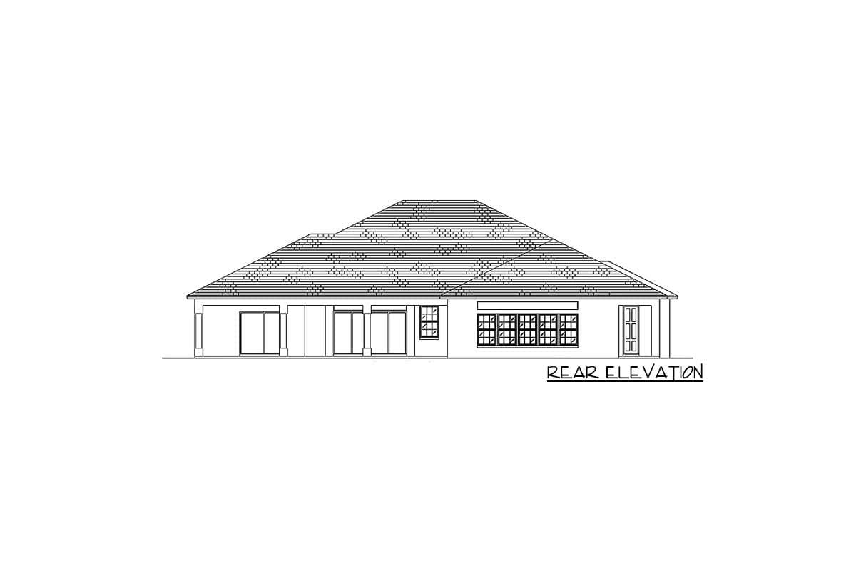 Rear elevation drawing of a house plan showing a hipped roof, multiple sliding doors, and a double door.