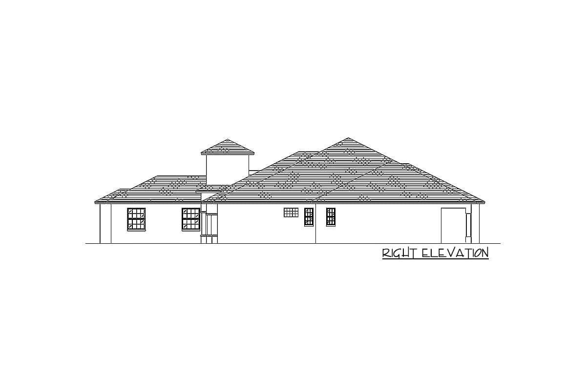 Right elevation drawing of a single-story house with hipped roof, tower element, and attached garage.