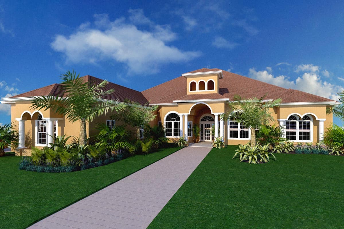 House plan exterior: Mediterranean style, one story, arched entry, arched windows, and arched dormer on roof.