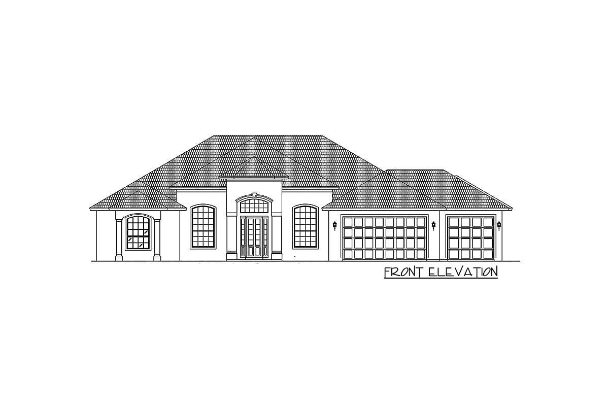 Front elevation house plan showing a one-story home with a symmetrical facade, arched entryway, and a three-car garage.