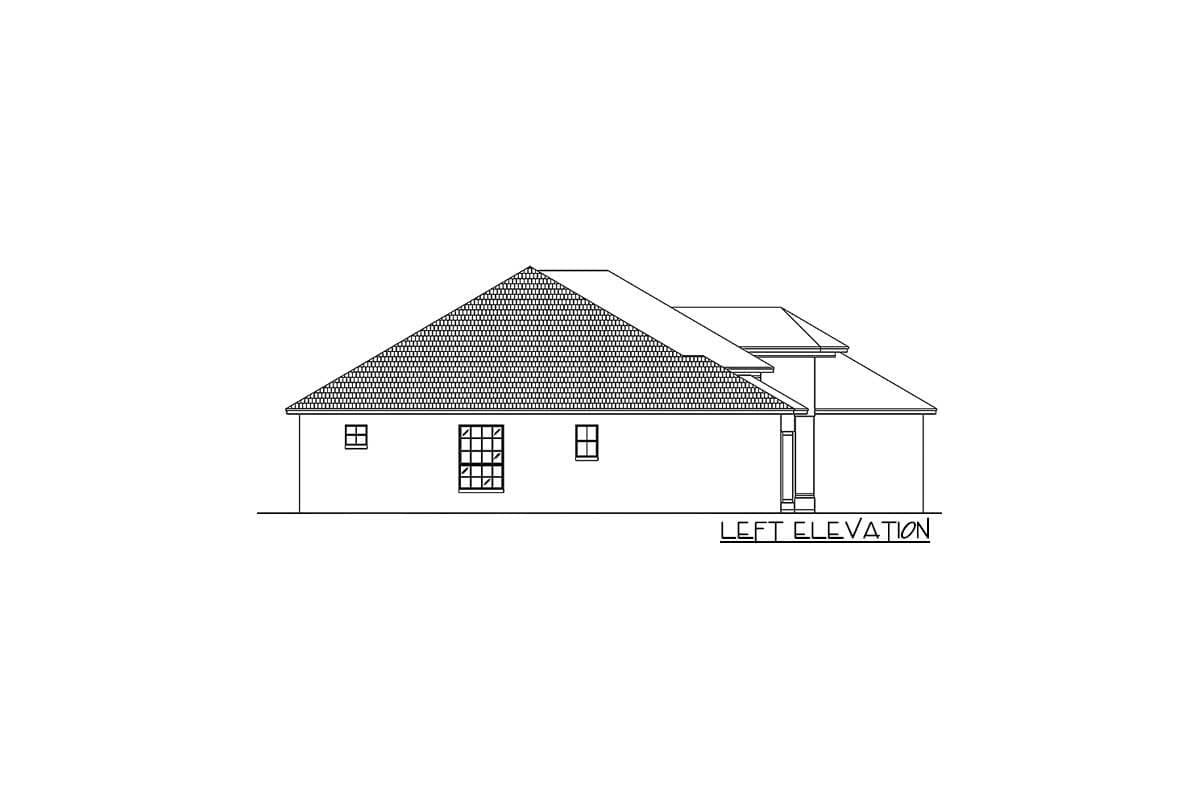 Left elevation house plan shows a single-story structure with a prominent gabled roof and two windows.