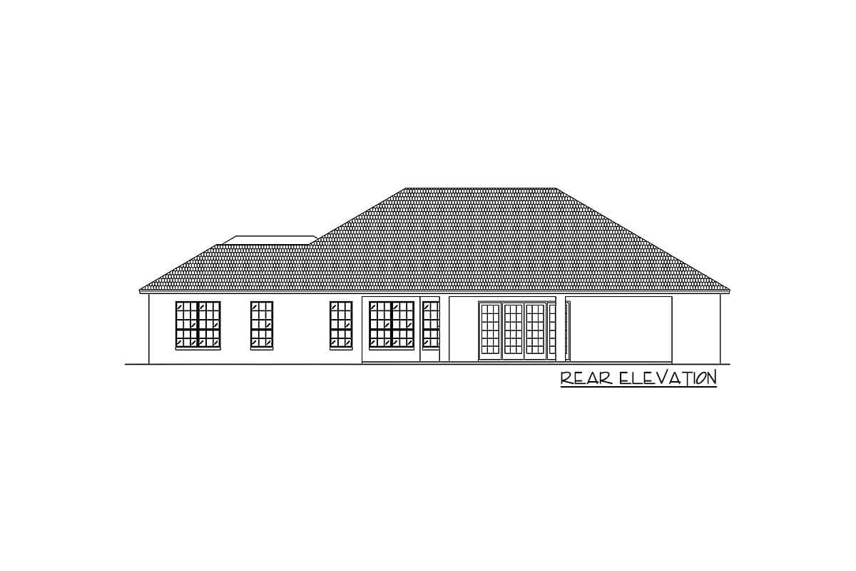 Rear elevation drawing of a house plan featuring a large, sloped roof, multiple grid windows, and double doors leading to an outdoor space.