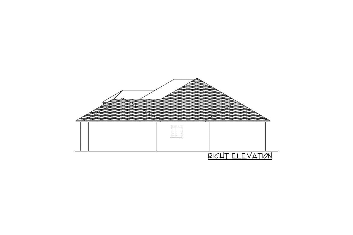 Right elevation house plan drawing showing varied rooflines and a single window.