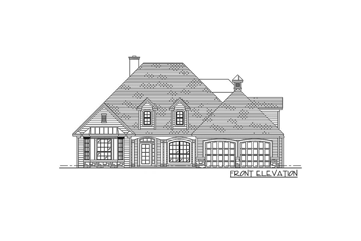 Front elevation drawing of a two-story house plan with a prominent gable, dormers, bay window, and a three-car garage.