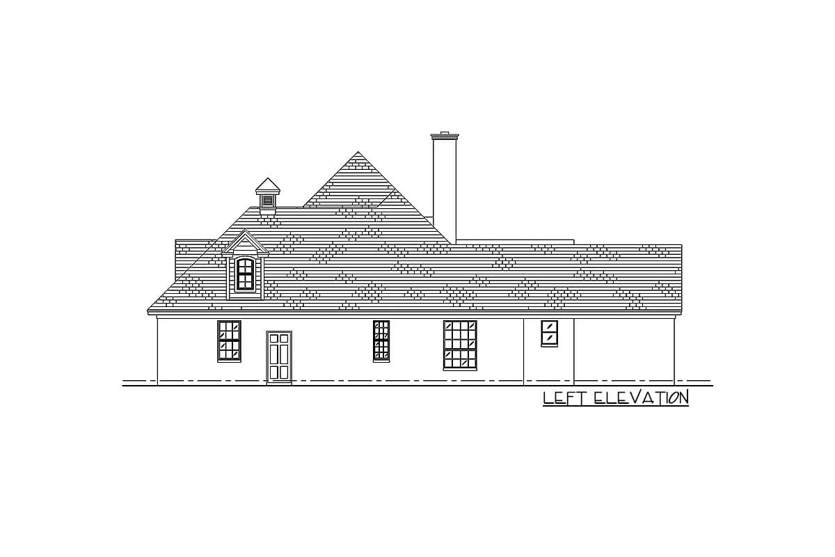 House plan left elevation drawing featuring a dormer, chimney, multiple windows, and a double door entrance.