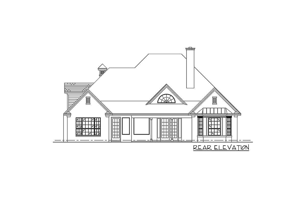 Rear elevation house plan showing multiple gables, a prominent chimney, and a covered porch with columns.