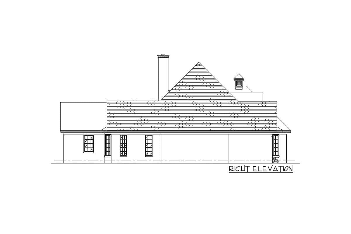 Right elevation drawing of a house plan showing multiple gabled roof sections, a chimney, dormers, and grid windows.