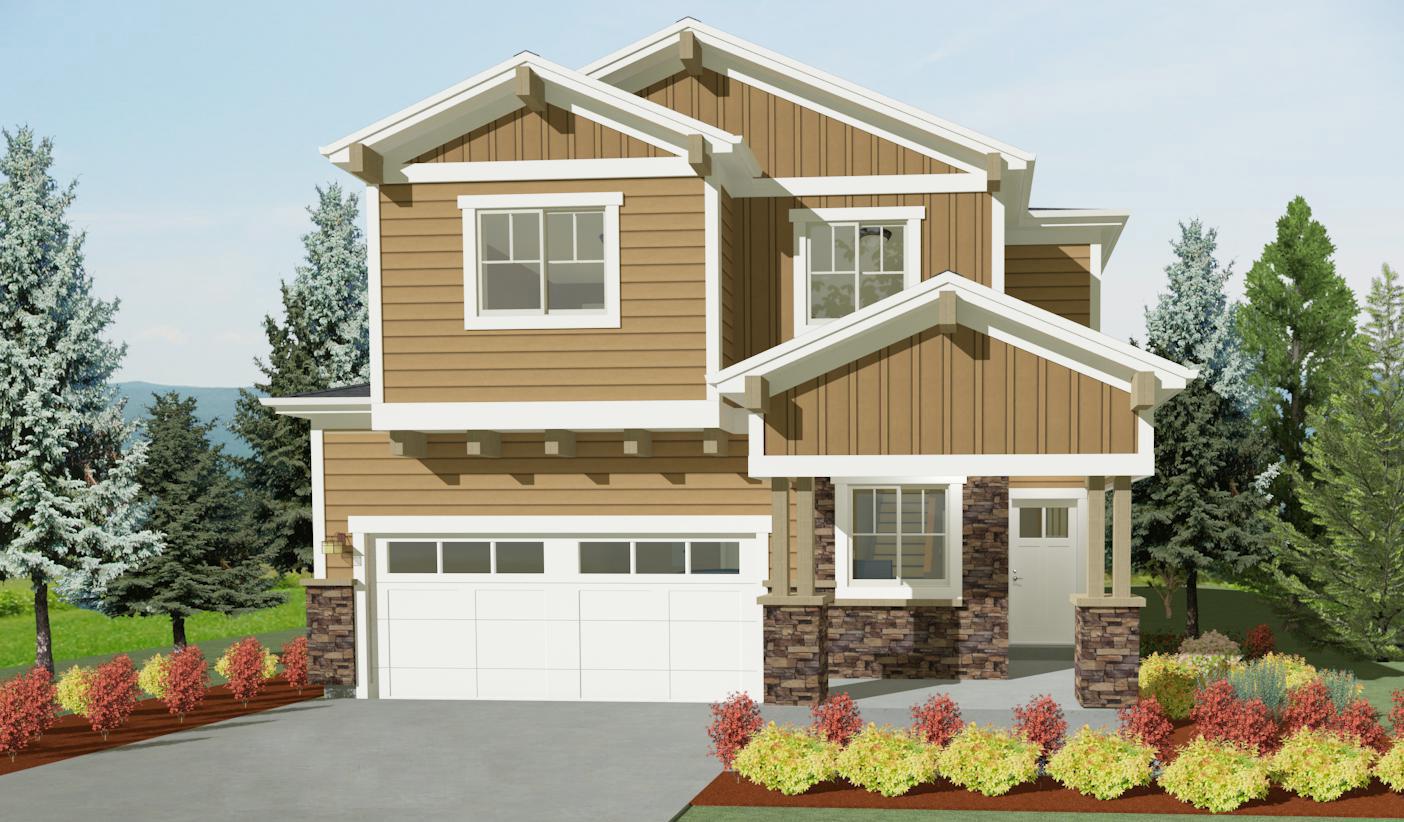 House plan exterior: Two-story home with horizontal siding, multiple gables, stone accents on columns, and a two-car garage.