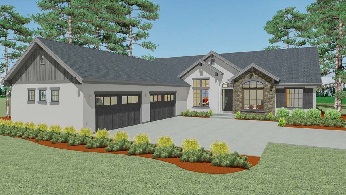 House plan exterior: Modern Farmhouse style, one story with three-car garage, stone accents, and gable dormer.