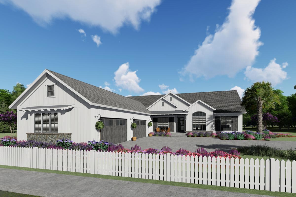 House plan exterior. Modern Farmhouse style with a two-car garage, multiple gables, and a front porch. White siding and a dark gray roof.