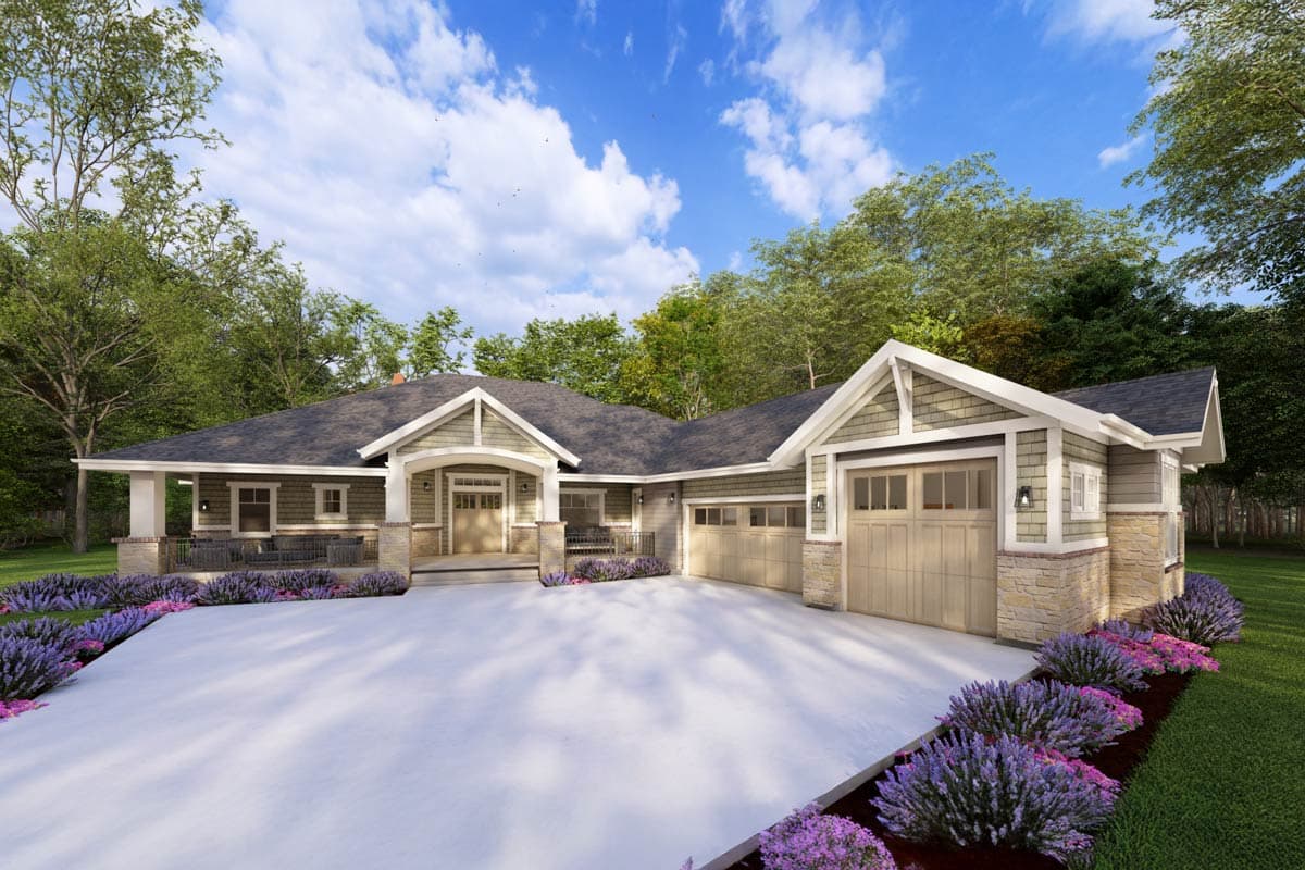 House plan exterior. Craftsman-style home with gabled roof, covered porch, and attached garage. Stone accents and multiple windows are featured.