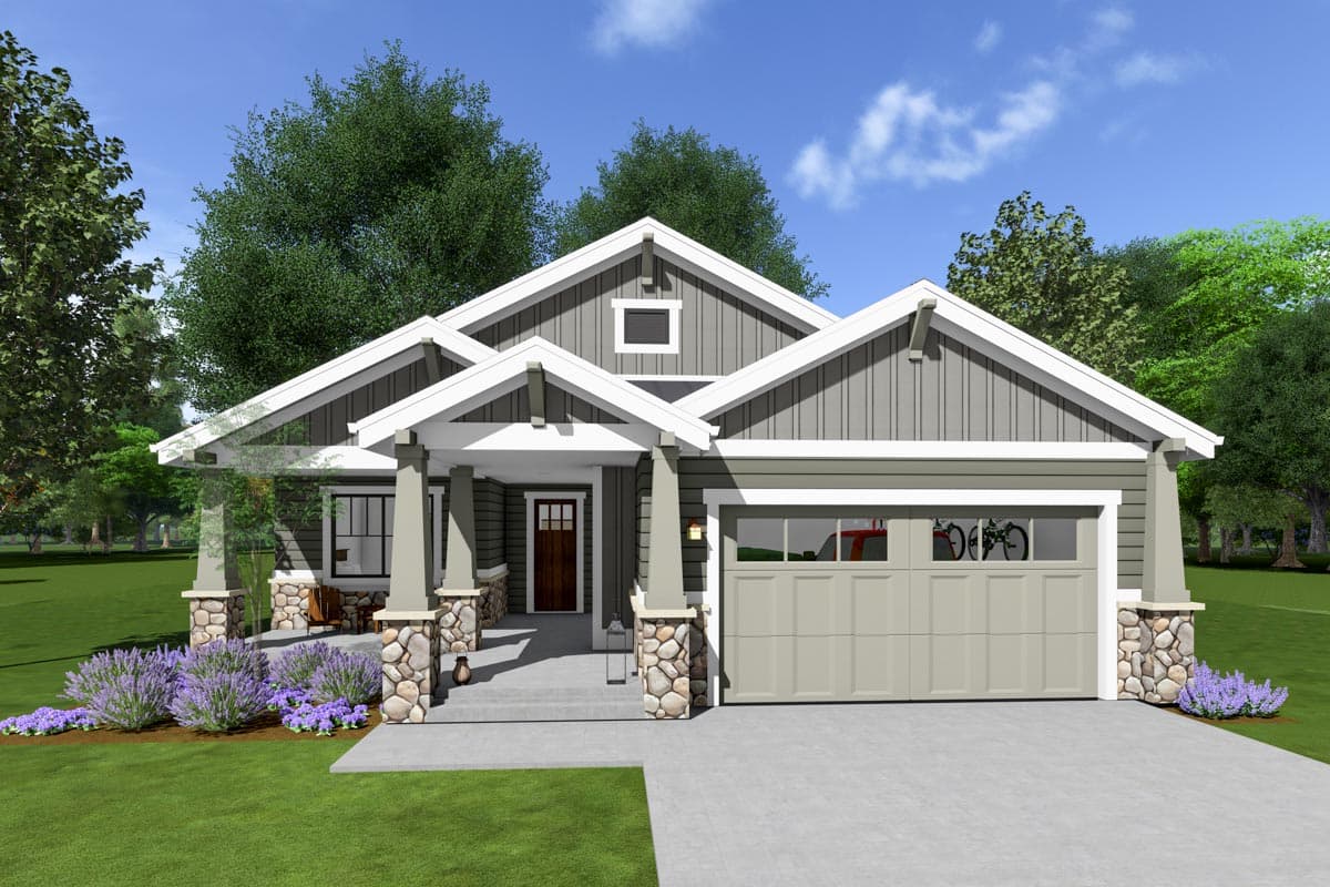 House plan exterior. Craftsman style, one story home with gabled roof, stone-clad porch columns, and an attached garage with a carriage-style door.