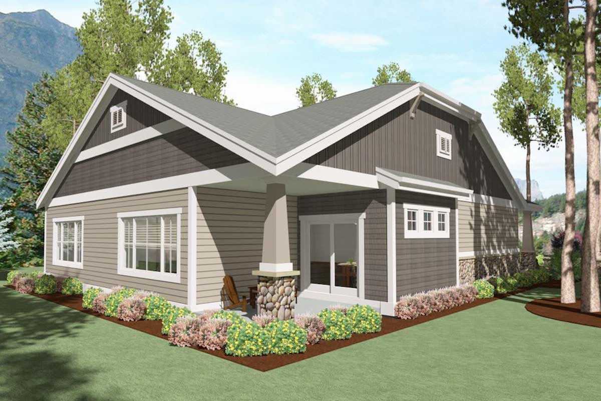 House plan exterior: Modern Farmhouse style, one story, featuring gables, a covered porch with stone accent pillar, and mixed siding.