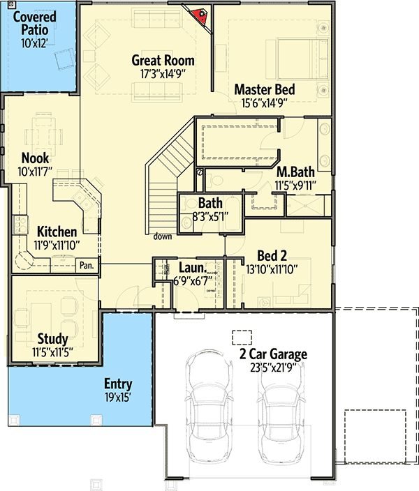 Plan 64410SC: 2 Bed Bungalow with Rear Covered Patio - 1760 Sq Ft - Floor Plan - Main Level - Bungalow, Craftsman, Northwest