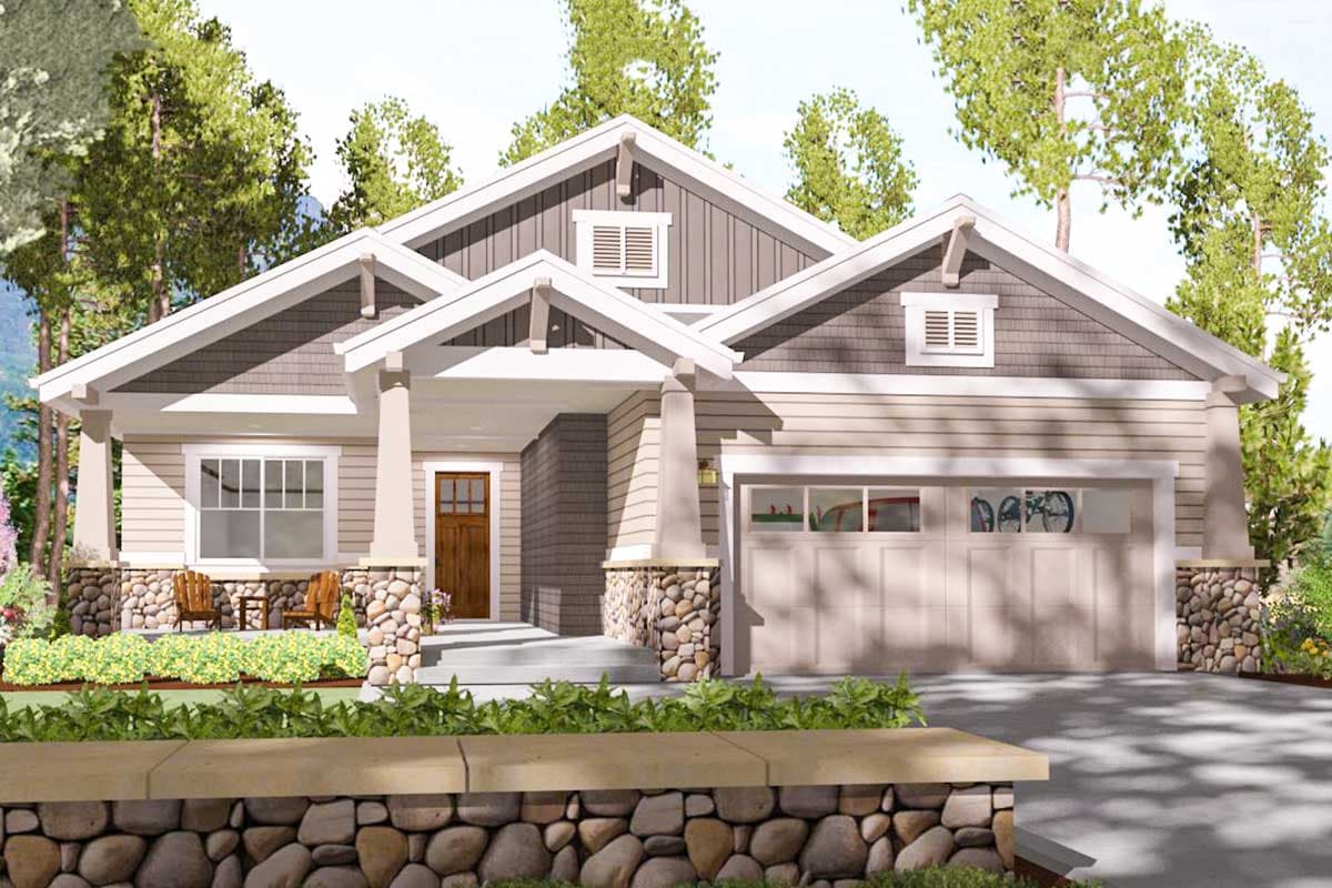 Craftsman style house plan exterior with stone accents, gabled rooflines, front porch, and a two-car garage.