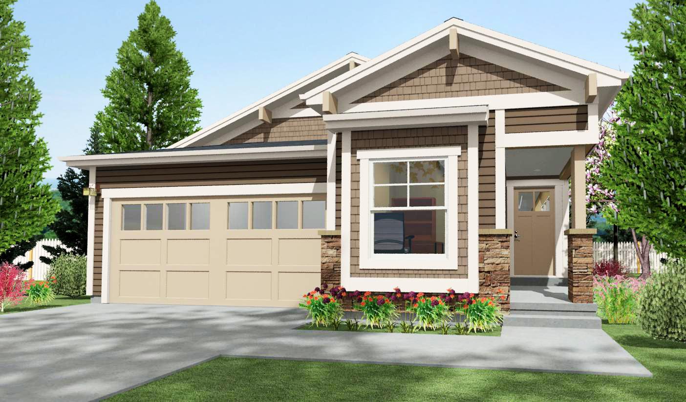 House plan exterior: Modern Farmhouse style, one story, with shingle siding, stone accents, attached garage, and covered porch.