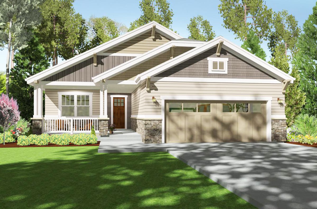 Craftsman style house plan exterior with a covered front porch, stone accents, and a two-car garage.