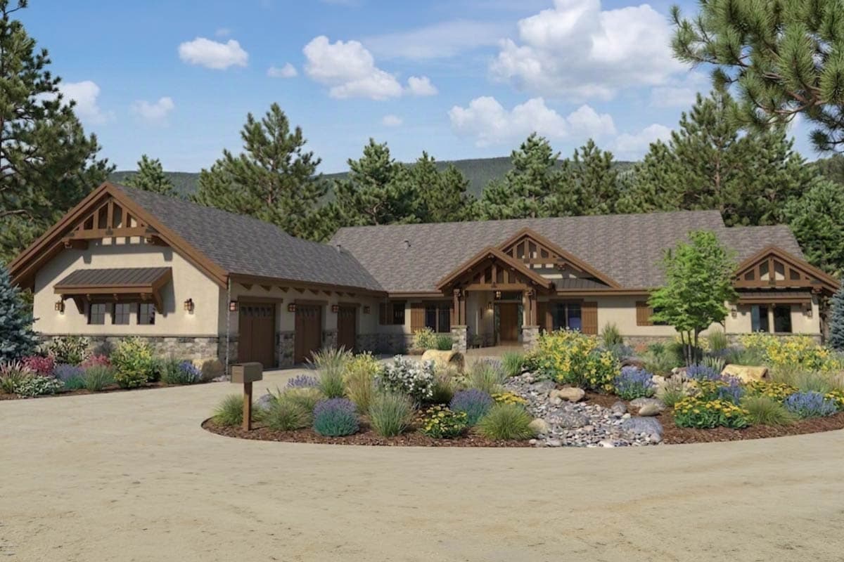 House plan exterior: Ranch style, stone base, three-car garage, prominent gables with exposed rafter tails.
