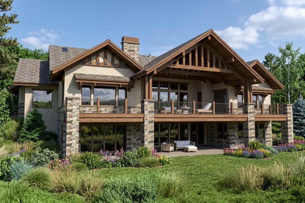House plan exterior: Craftsman style, two stories, with stone accents, large covered balcony, gabled rooflines, and exposed wood beams.