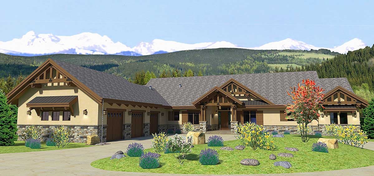 House plan exterior: Ranch style, stone base, three-car garage, prominent gables with exposed rafter tails.