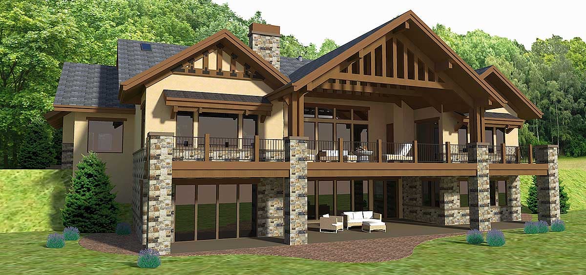 House plan exterior: Craftsman style, two stories, with stone accents, large covered balcony, gabled rooflines, and exposed wood beams.