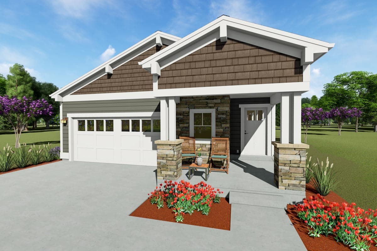 House plan exterior with Craftsman style. Features include a front porch, gables, a stone facade, and an attached garage.
