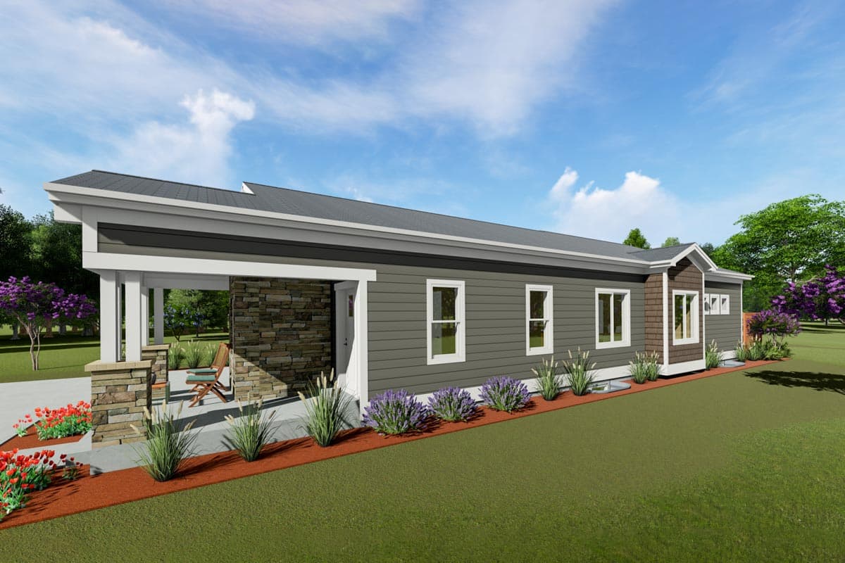 House plan exterior: Ranch style, single story, with a covered porch, stone facade, and horizontal siding.