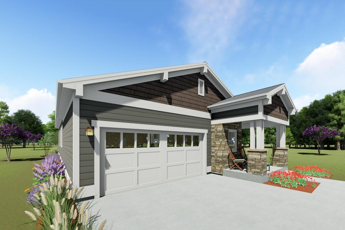 House plan exterior with a two-car garage, stone-accented porch with columns, and steeply pitched gables.