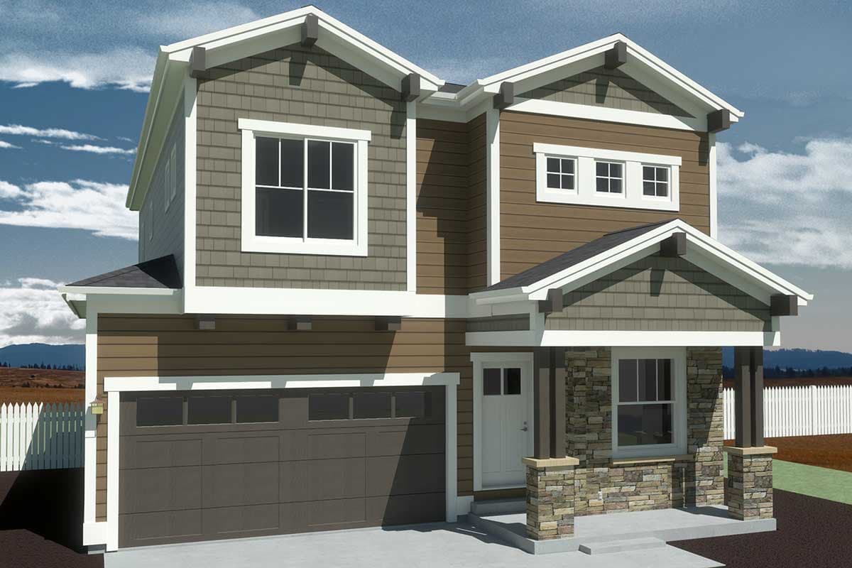Two-story house plan exterior with gabled roofs, mixed siding, stone accents, covered porch, and two-car garage.