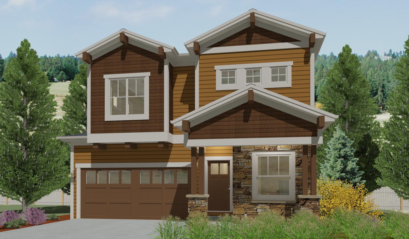 Two-story house plan exterior with a two-car garage, stone accents, and prominent gables with exposed rafter tails.