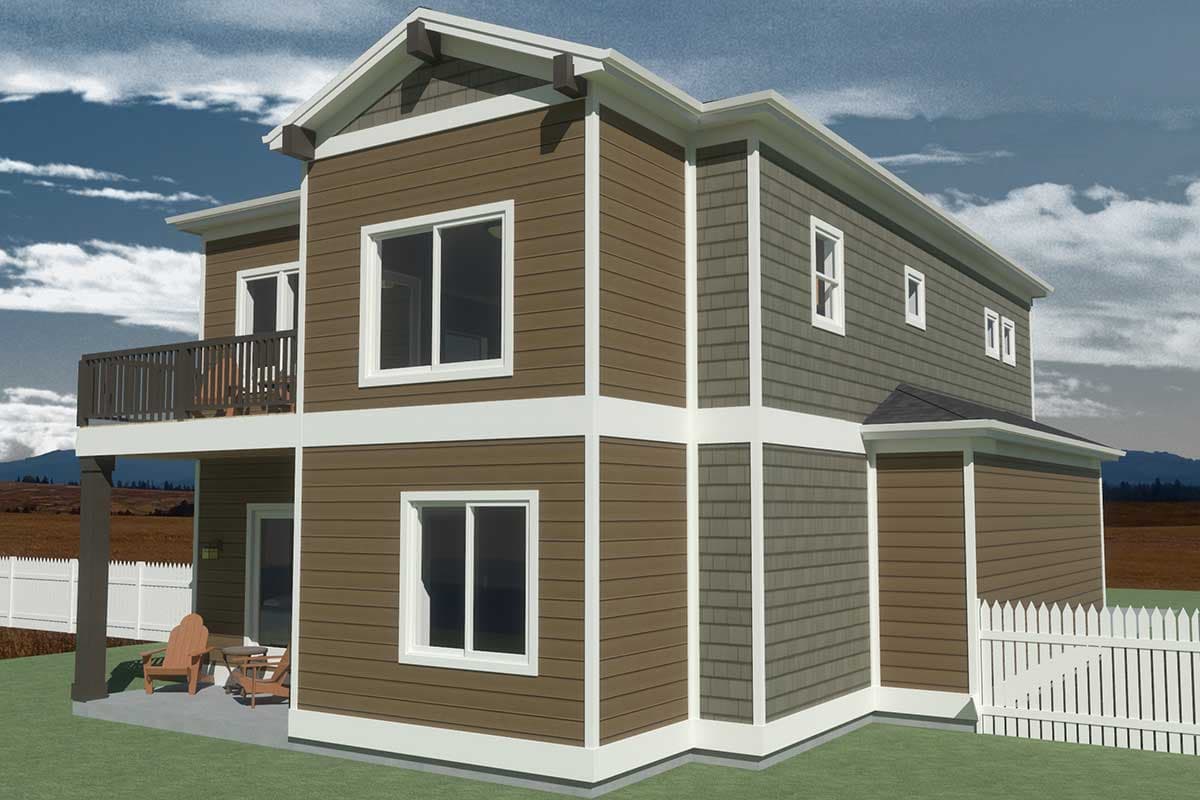 House plan exterior shows a two-story home with a balcony, horizontal siding, and shingle siding accents.