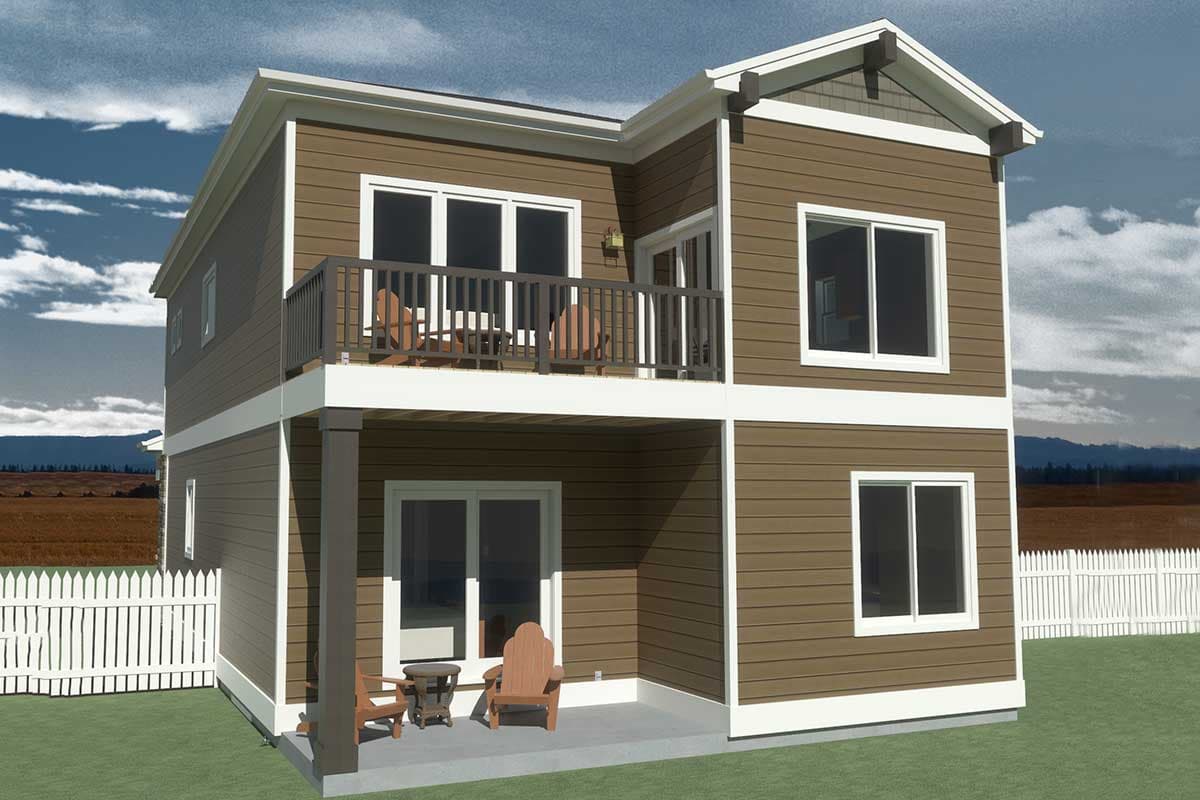 Two-story house plan exterior with horizontal siding, a second-story deck, and gabled roofline.