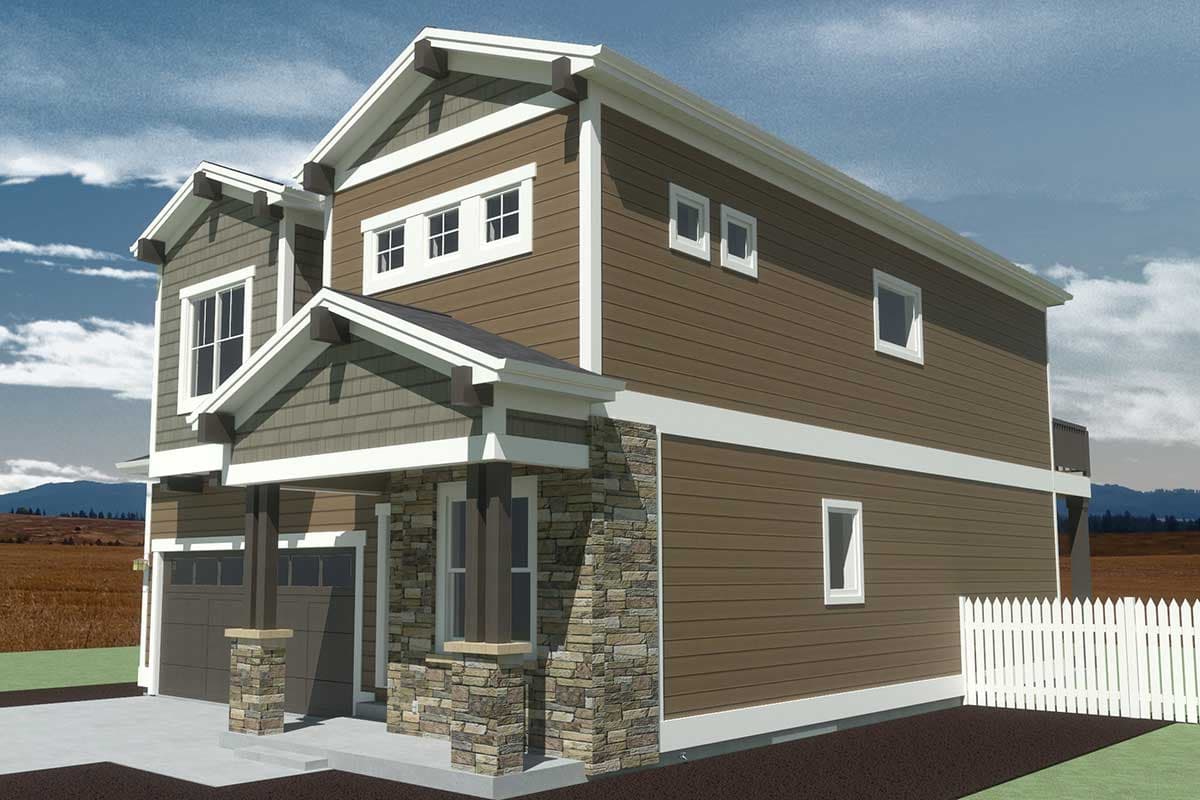 House plan exterior of a two-story home with stone accents, gabled dormers, exposed rafter tails, and a covered entry with two garage doors.