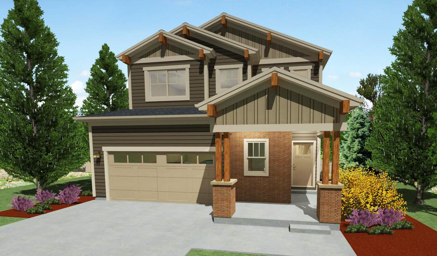 House plan exterior: Two-story modern home with a covered front porch supported by brick and wood columns, gabled rooflines, and a side-facing garage.