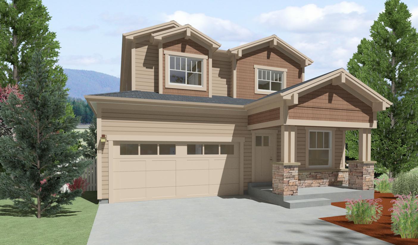 House plan exterior: Two-story home with side-entry garage, prominent gables, shingle siding, and stone-accented porch.