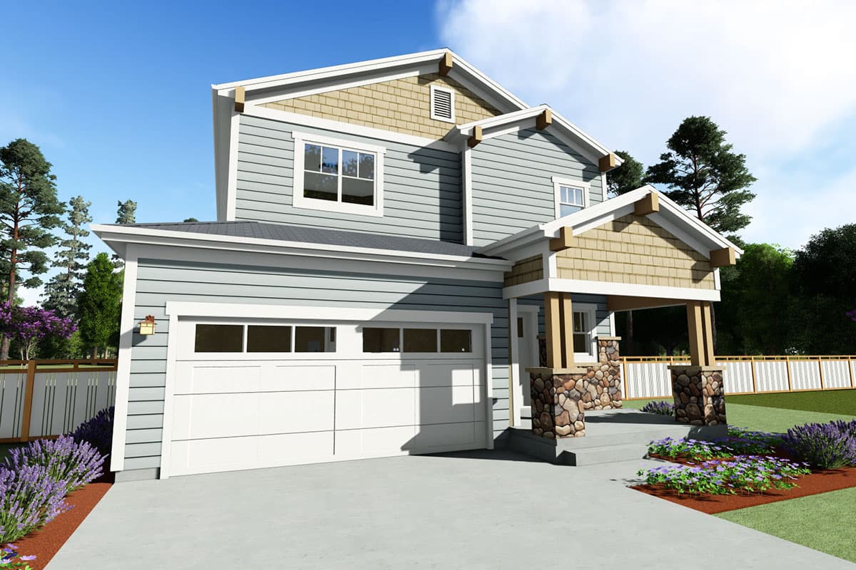 Craftsman style house plan exterior with two stories, a two-car garage, covered porch with stone pillars, and gable rooflines.