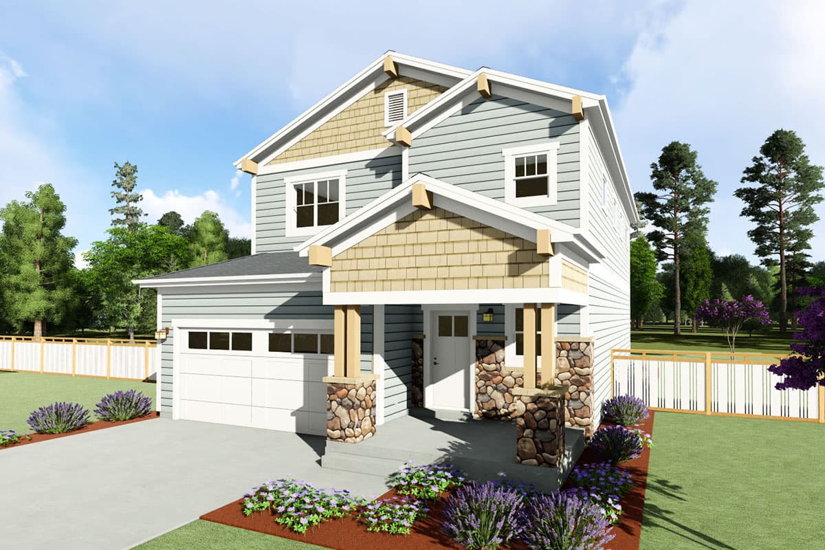 House plan exterior: Two-story Modern Farmhouse with gabled roof, stone pillar porch, and attached garage.