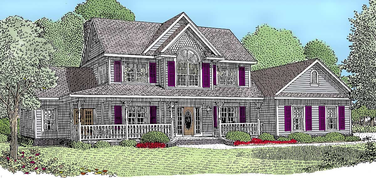 House plan exterior: two-story traditional home with wraparound porch, dormer, and arched window.