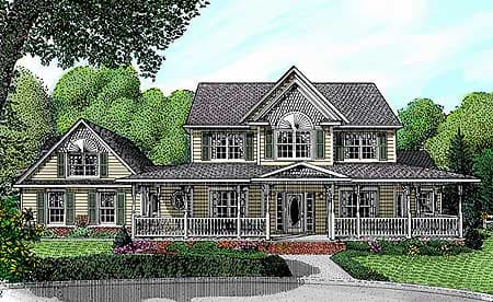 House plan exterior of a two-story home with a wraparound porch, prominent gables, and arched window details.