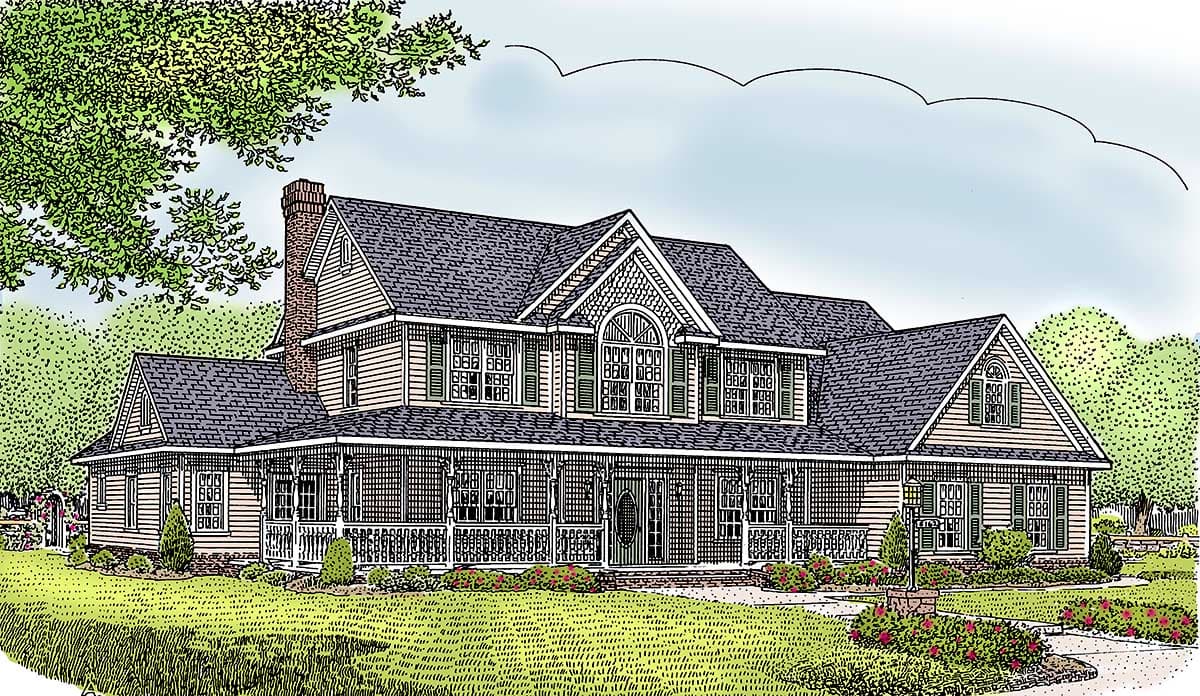 House plan exterior: Two-story Traditional style with wraparound porch, prominent gables, and brick chimney.