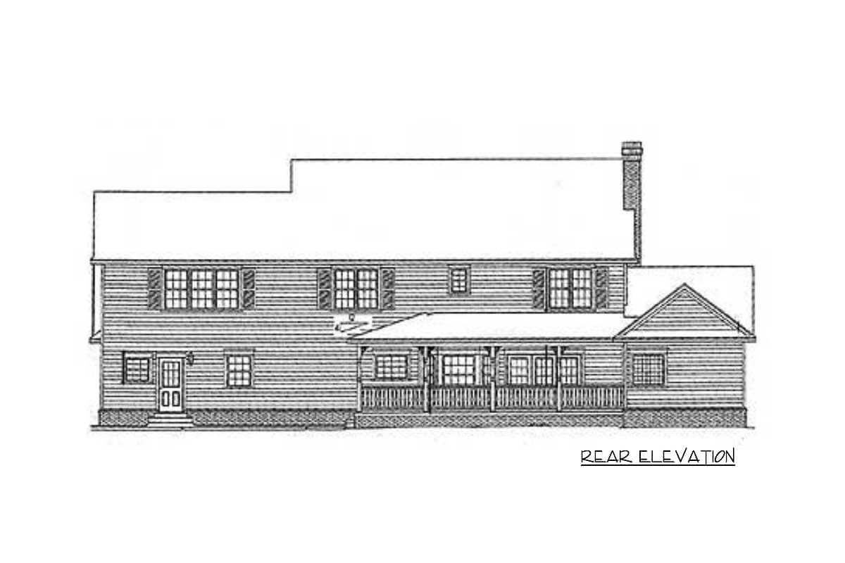 Rear elevation drawing of a two-story house with a wrap-around porch, gabled section, and chimney.