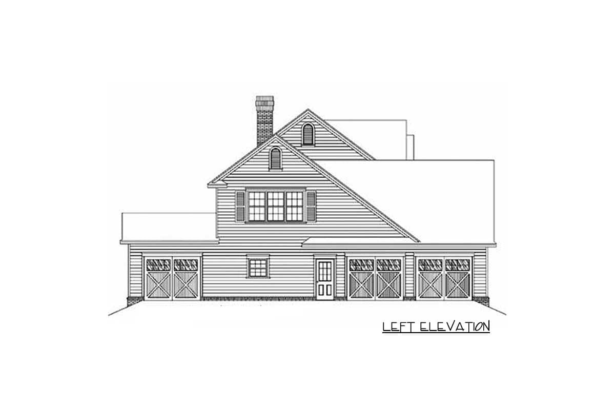 Left elevation house plan showing a gambrel roof, dormers, a prominent chimney, and three garage bays.