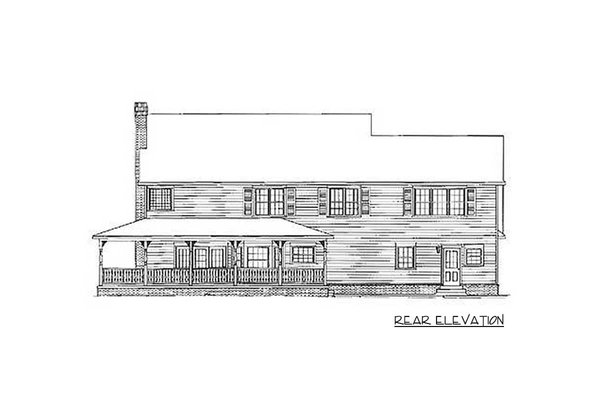 Rear elevation drawing of a two-story house with a wraparound porch, central chimney, and multiple windows.