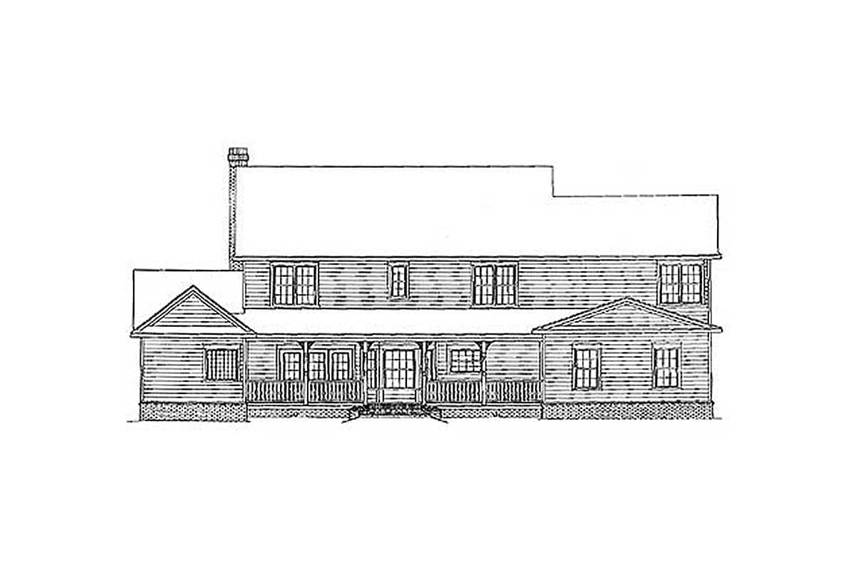 House plan exterior: two-story home with wrap-around porch, gables, and dormer windows.