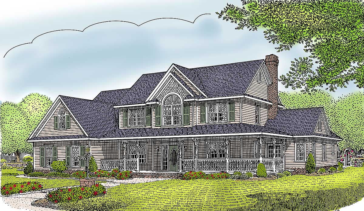 House plan exterior rendering of a two-story home with a wraparound porch, dormers, and a prominent gable with arched window.